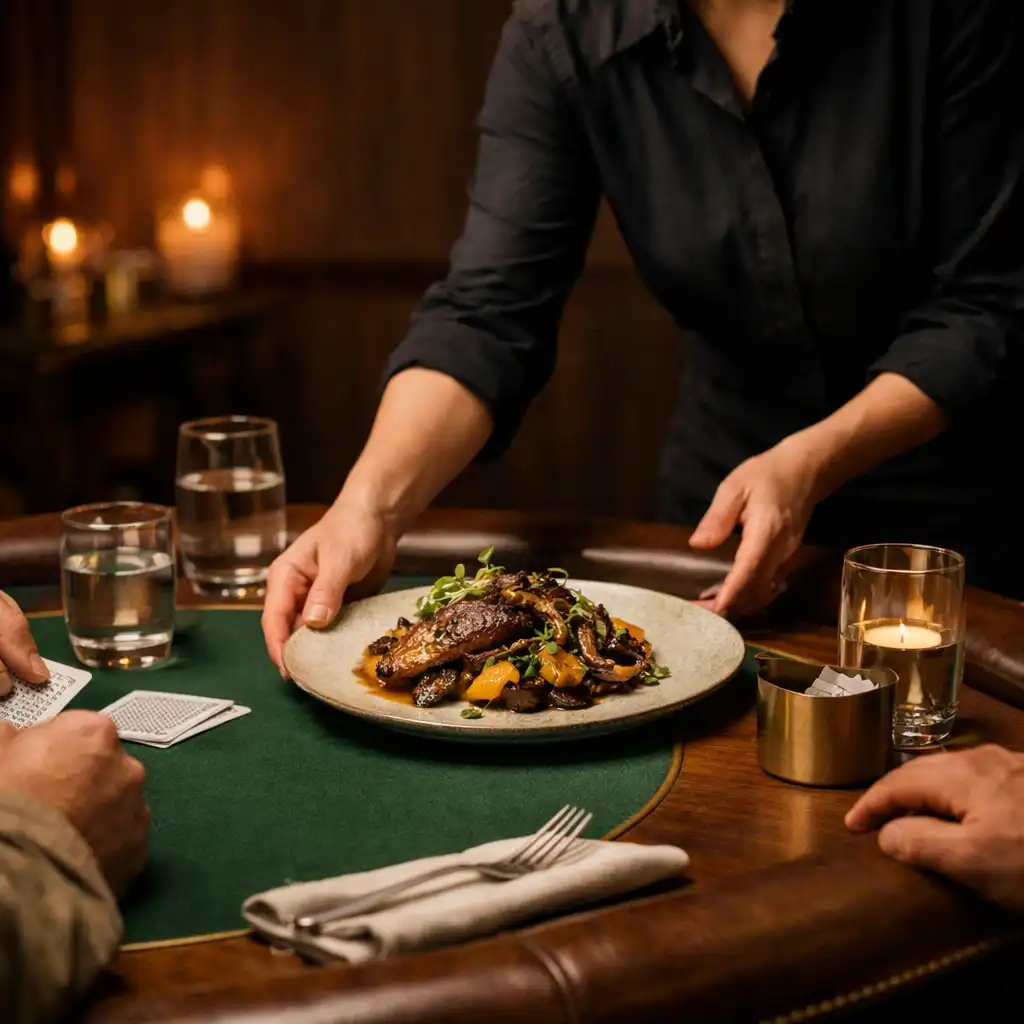 A server placing a plated dish beside a walnut card table