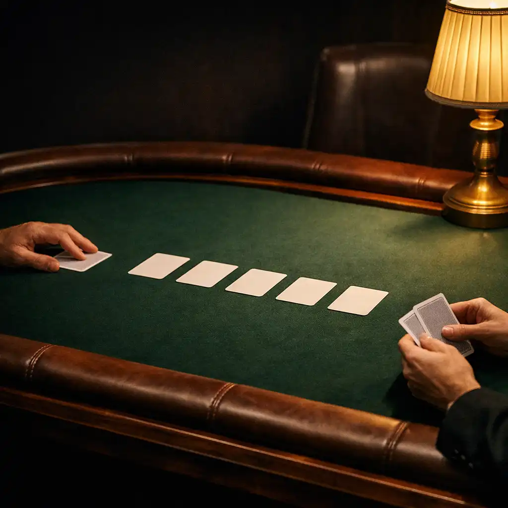 Hands dealing plain cards across a forest felt poker table