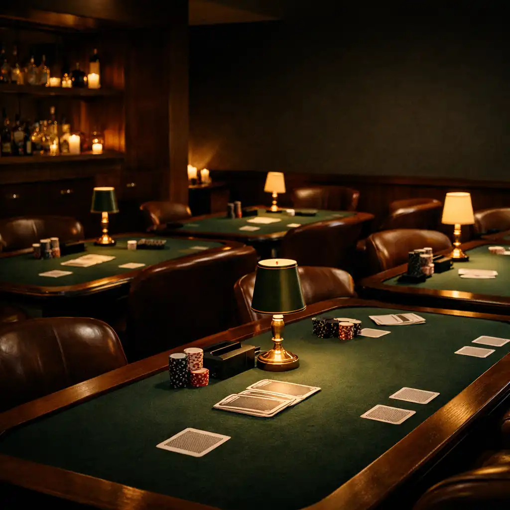 Prepared card room with green-felt poker tables, leather chairs and warm brass lamps