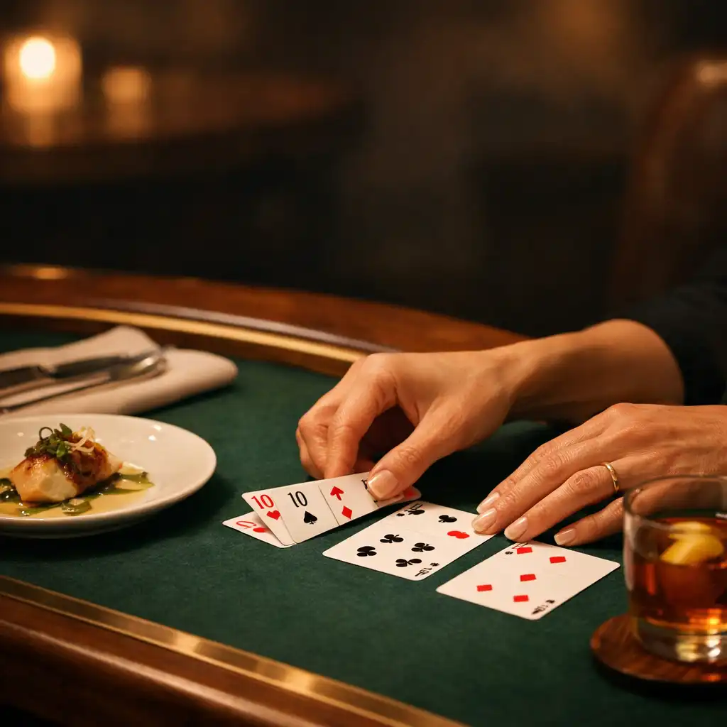 Hands arranging cards on green felt beside a plated dish and polished cutlery