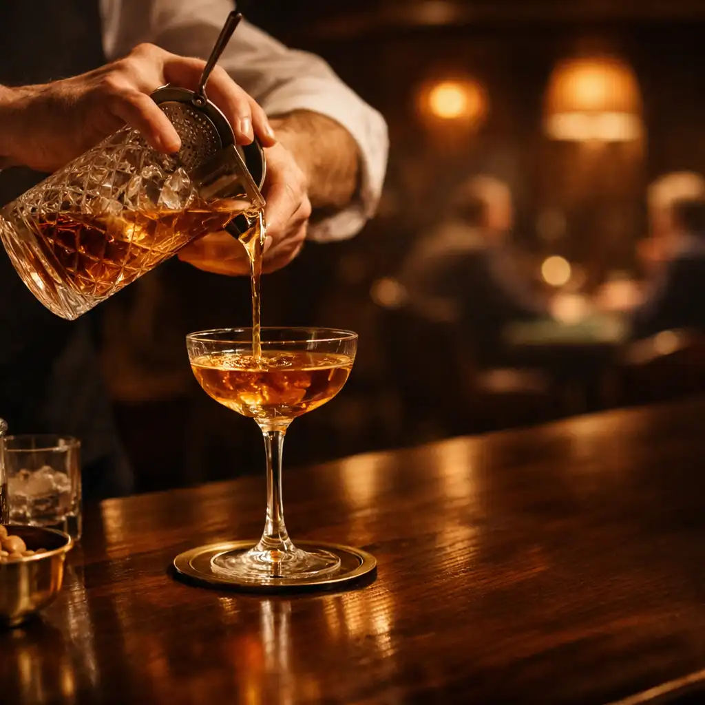Bartender hands pouring a drink at a dark walnut bar with brass details.
