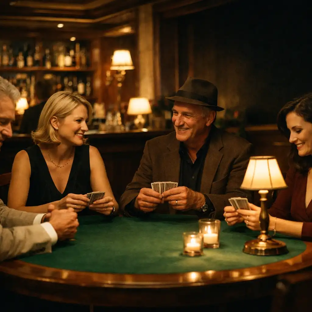 Four guests gathered around a green felt table in a warm card room.