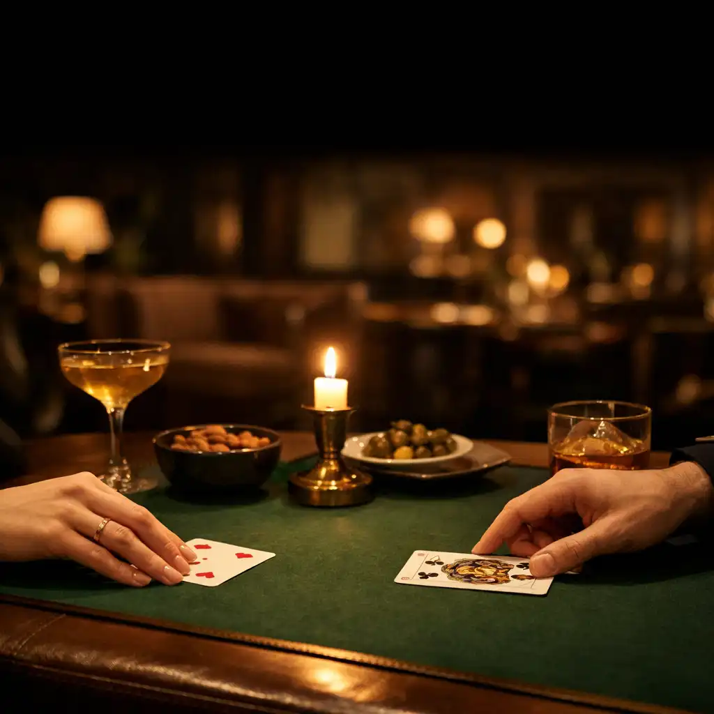 Two guests placing cards beside shared dishes, a candle and drinks on green felt.