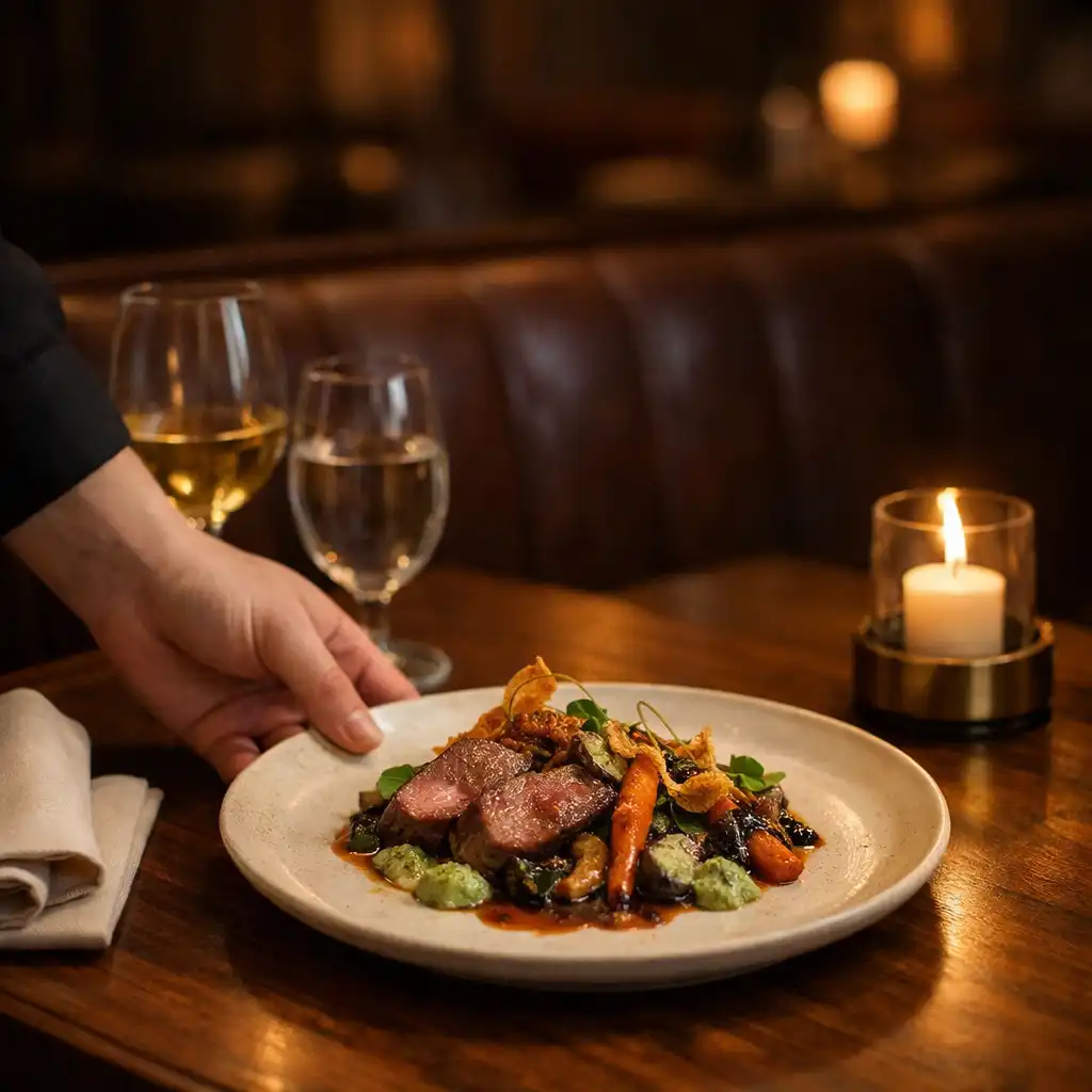 A server placing a plated dish on a walnut dining table beside candlelight and stemware.