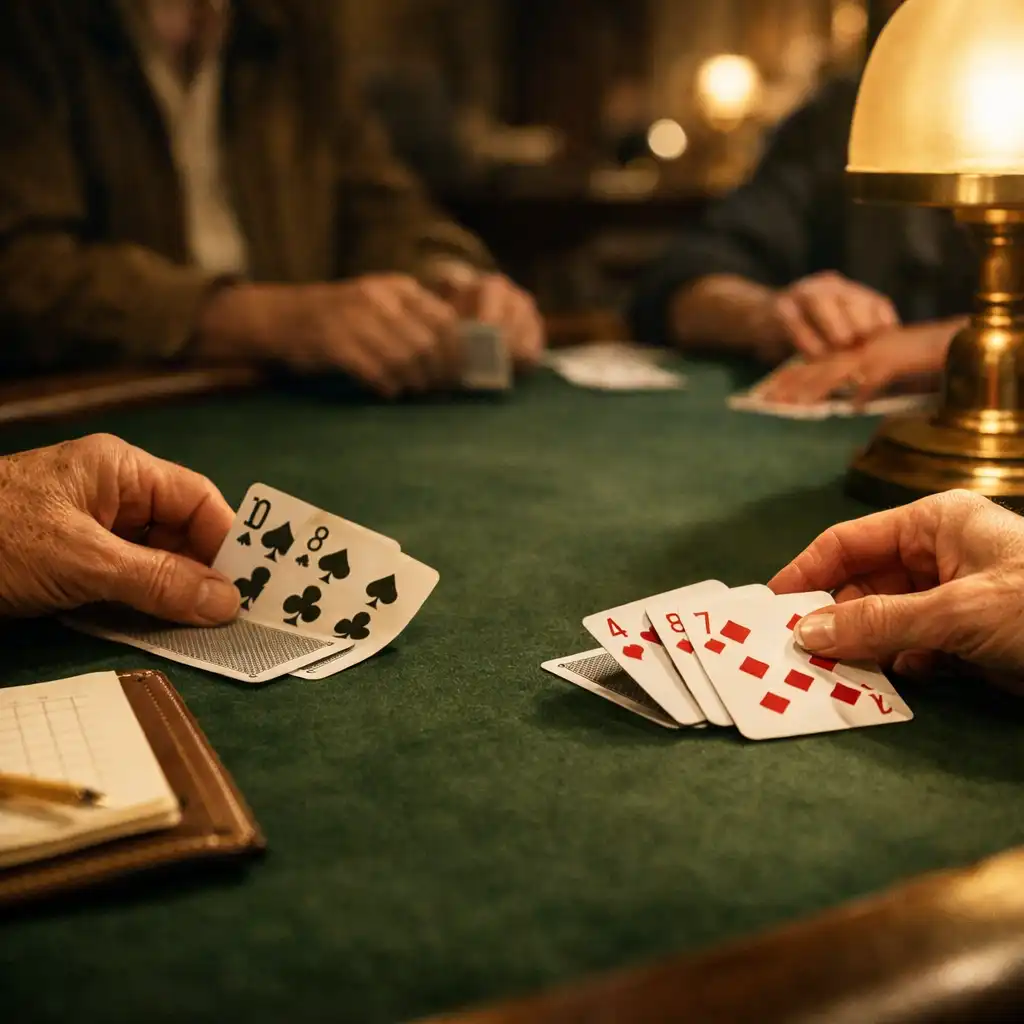 Several hands arranging cards on deep green felt beside a brass lamp and score pad.
