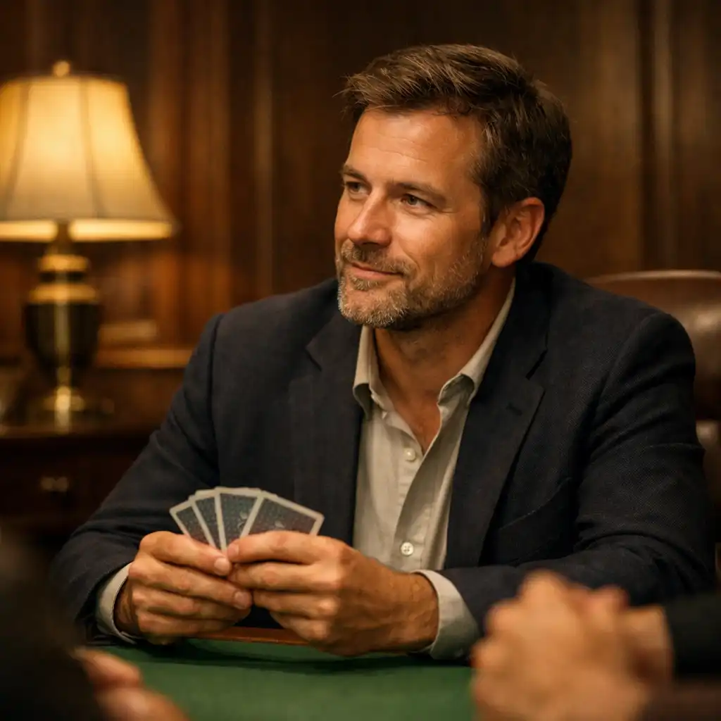 A guest holding playing cards while listening at a candlelit green felt table.