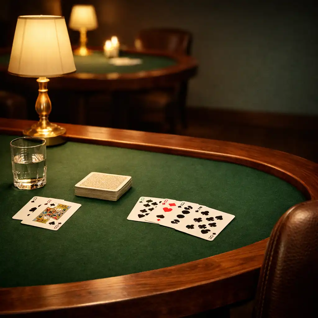 A prepared forest felt poker table with cards, water glass, brass lamp and walnut edge.