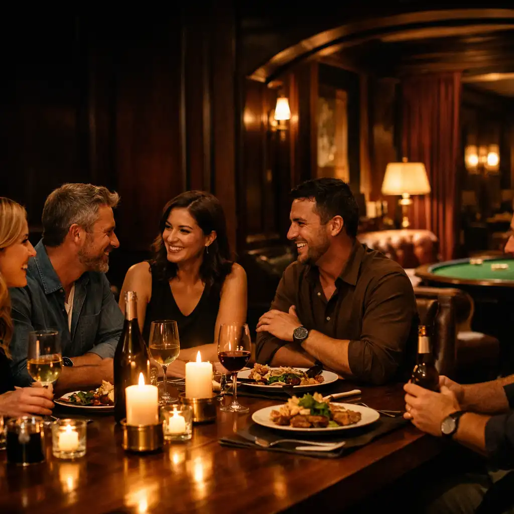 Friends sharing food and drinks around a long walnut table in a warmly lit lounge.