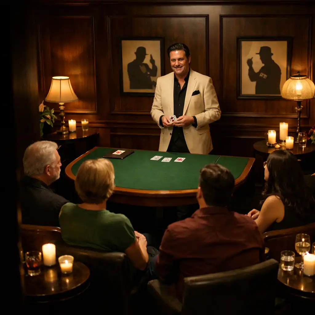 A host beside a green felt table while guests follow live card entertainment in a candlelit room.