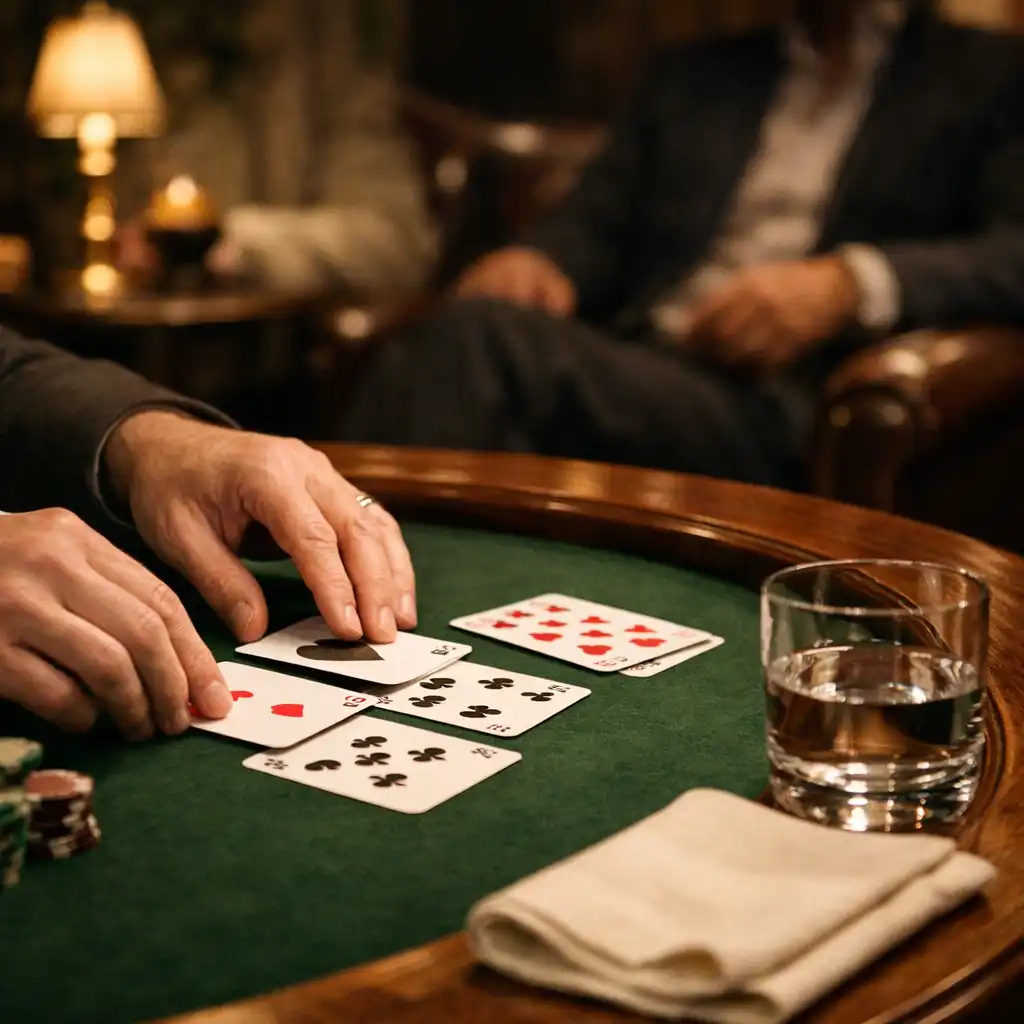 Hands arranging playing cards on green felt at a walnut poker table.