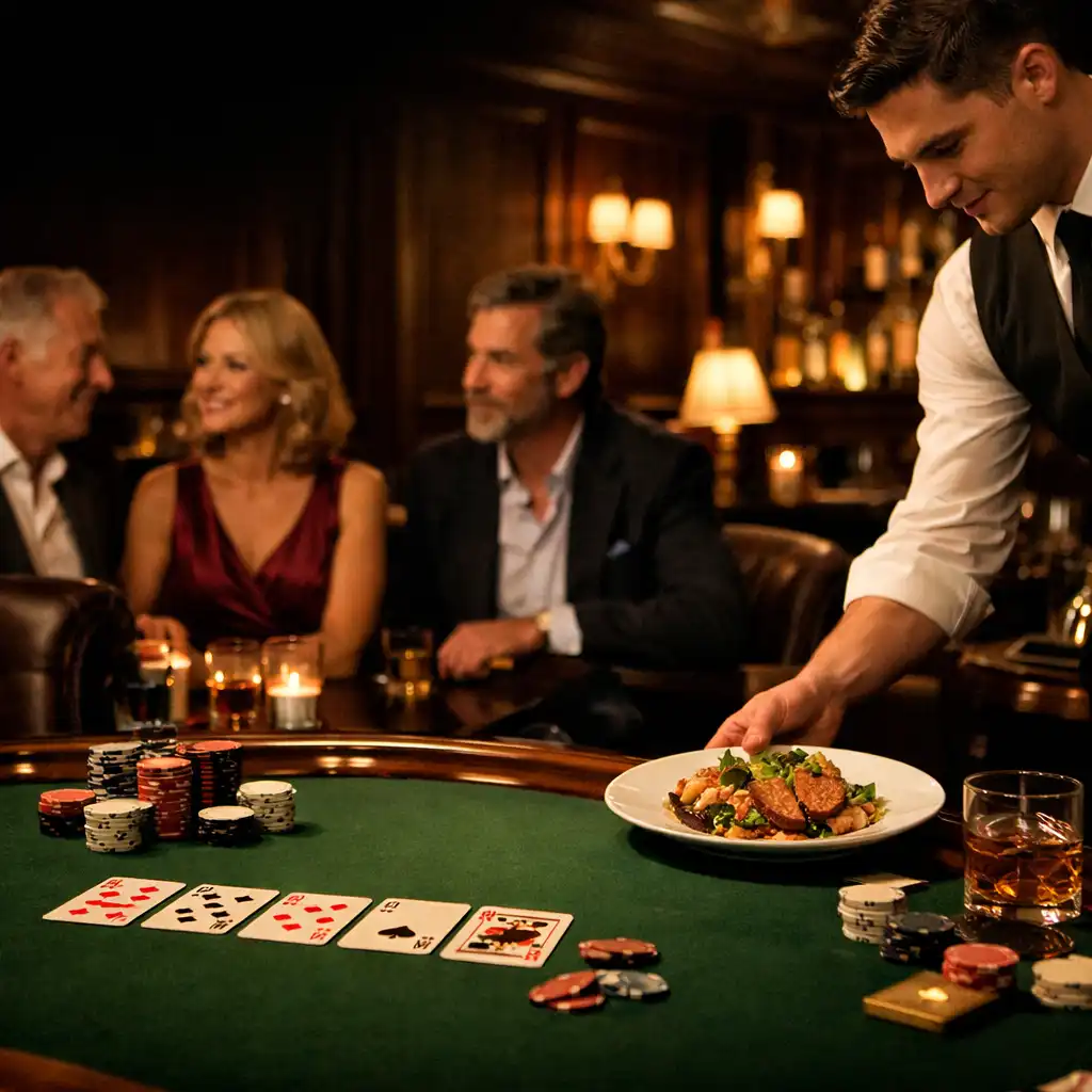 Adult guests gathered around a green felt poker table as a plated dish is served in a warmly lit card lounge.