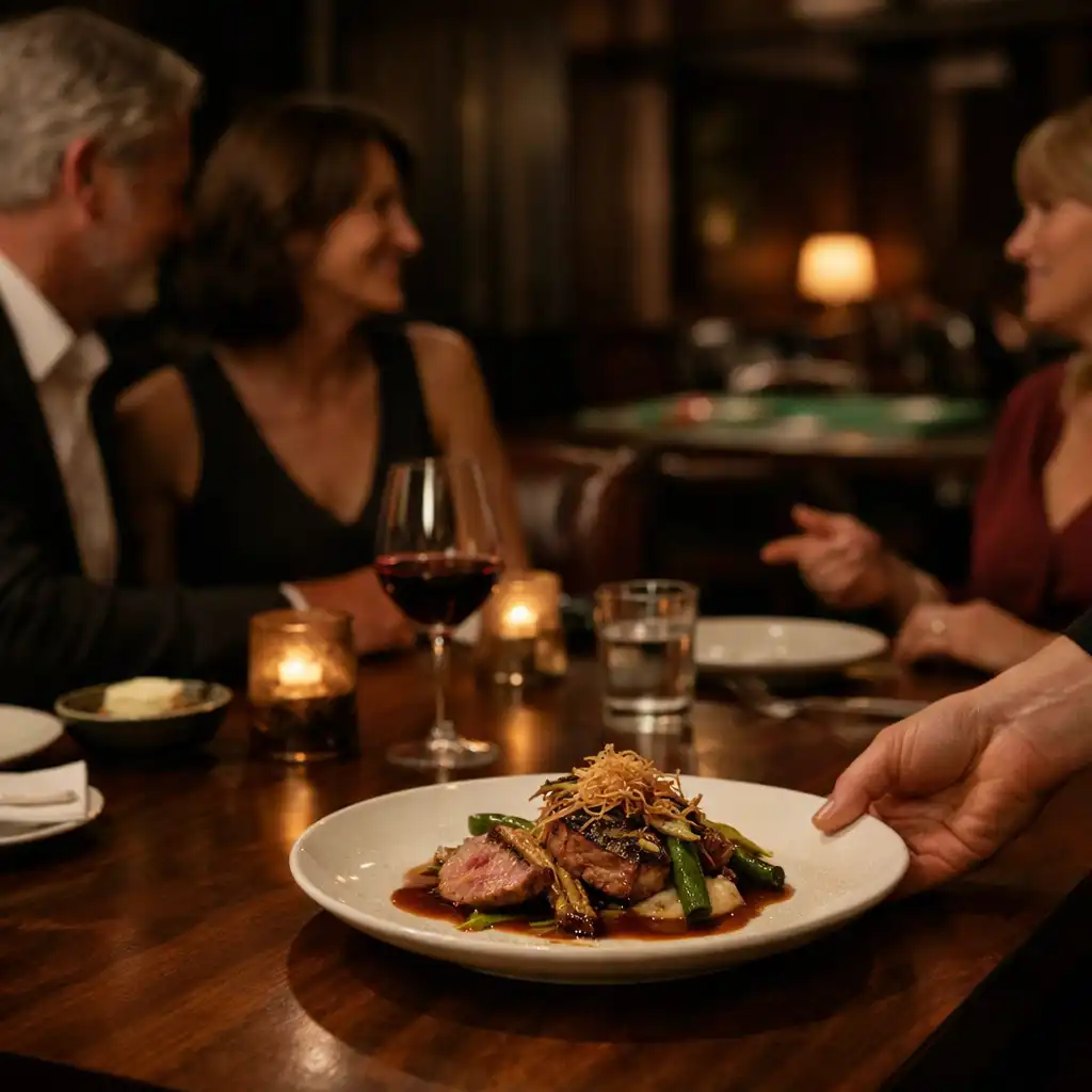 A plated dish arriving at a walnut dining table where guests converse in a refined room.