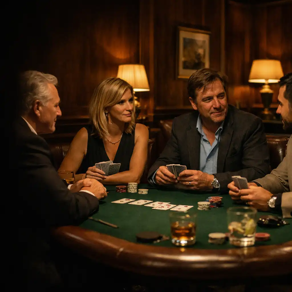 Guests gathered around a green felt poker table in a warmly lit card lounge