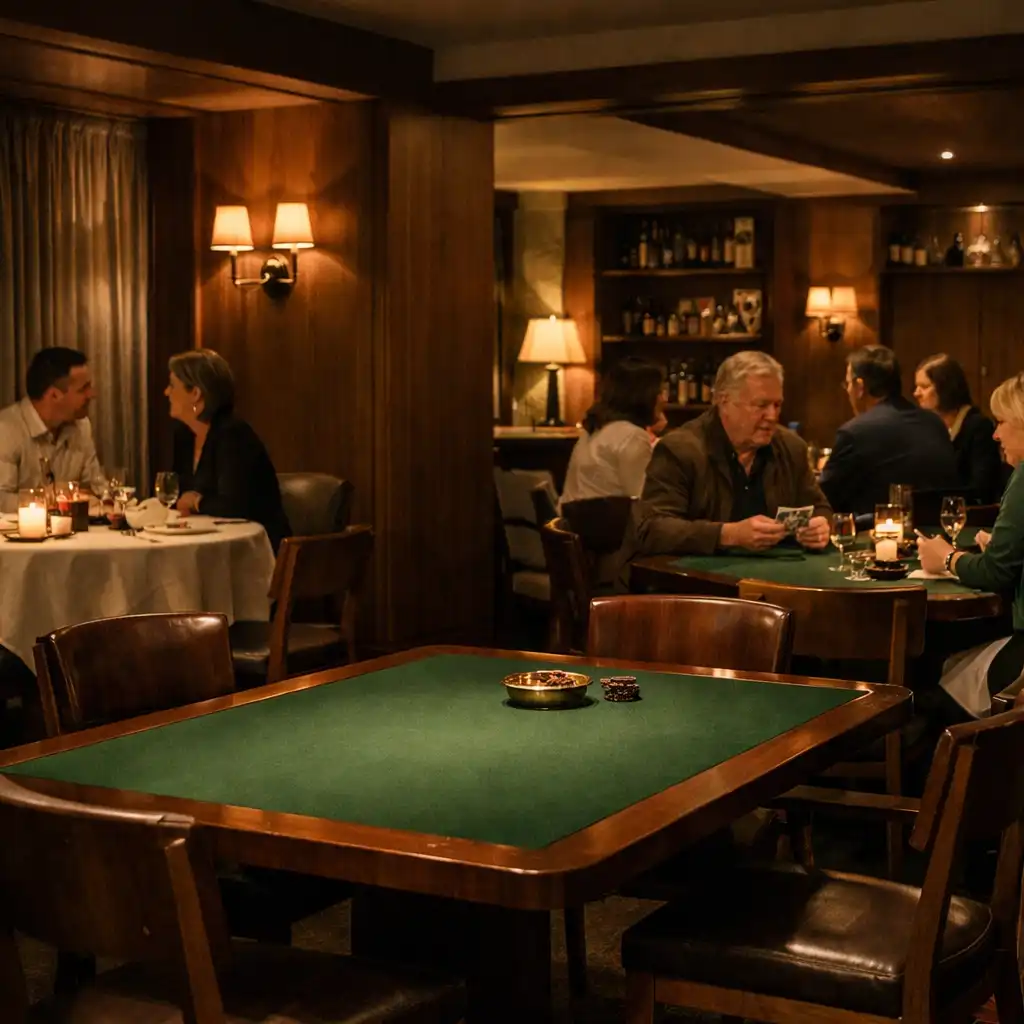 Warmly lit card lounge with poker tables and dining room seating