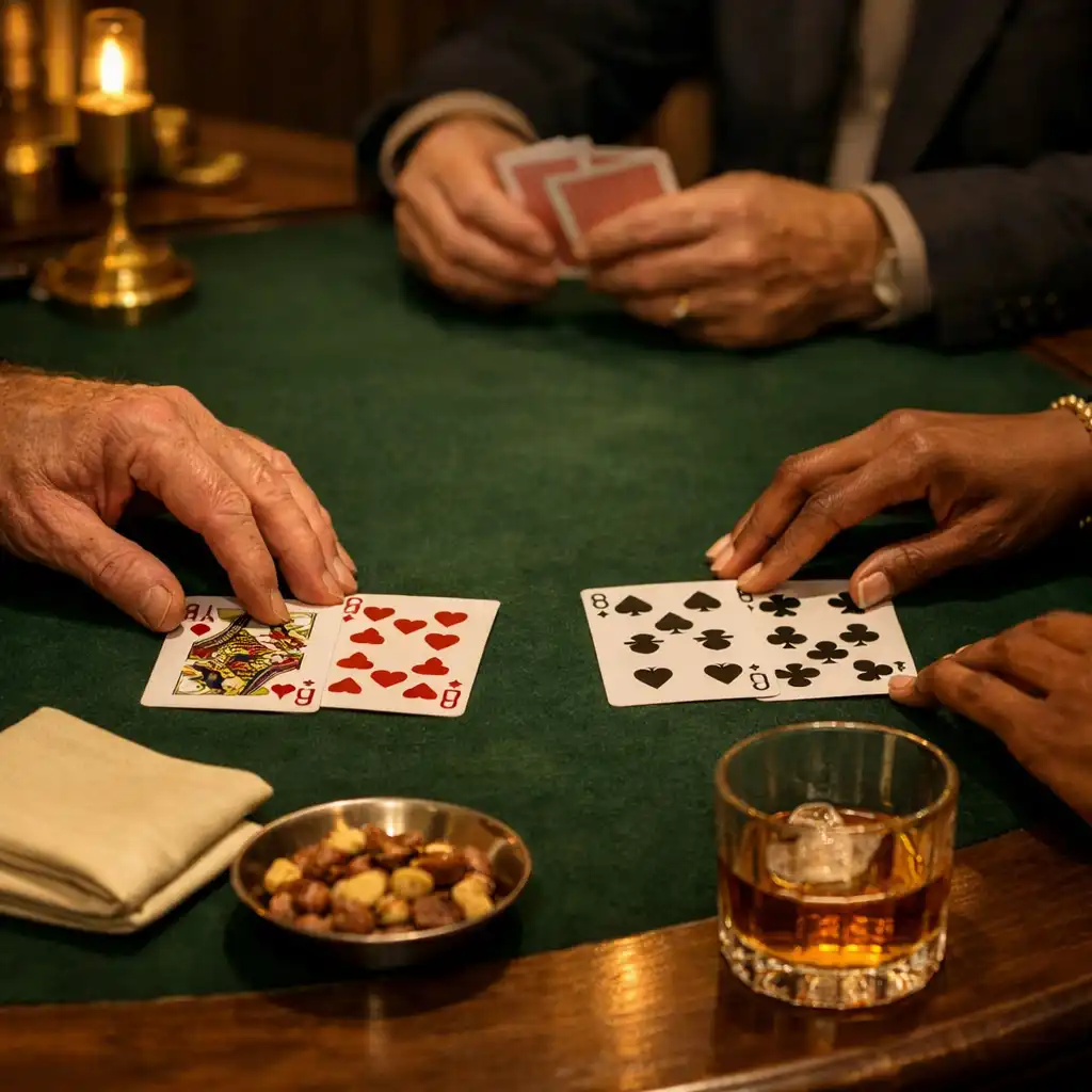 Hands arranging cards on deep green felt beside a small dish and drink