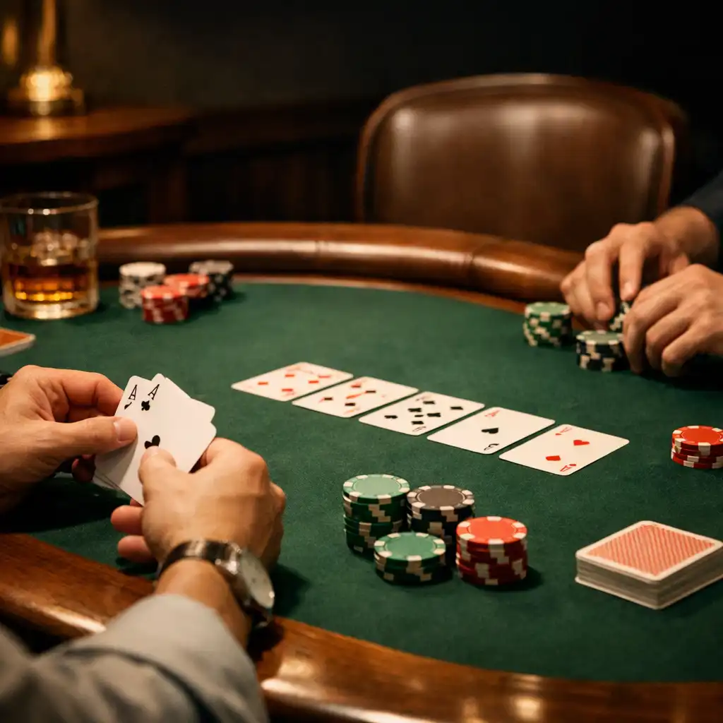Hands, cards and green felt at a dedicated poker table in the card room