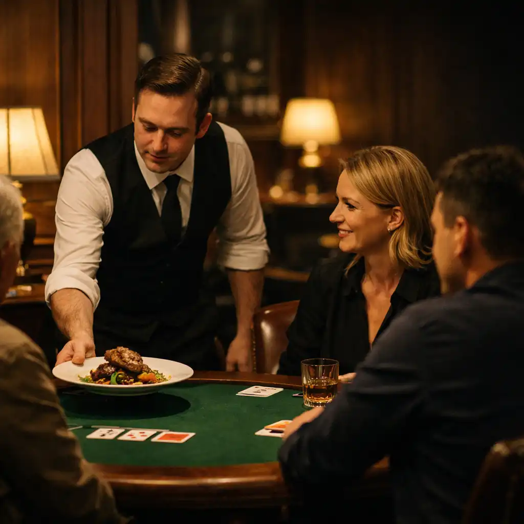 A server presenting a plated dish to guests beside a poker table