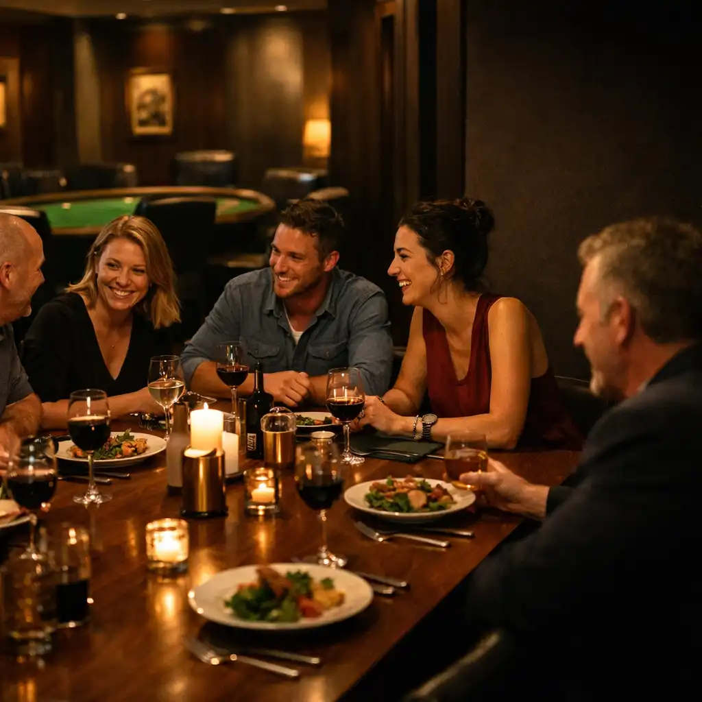 Friends sharing dinner and conversation at a long walnut table, with a card lounge visible in the background.
