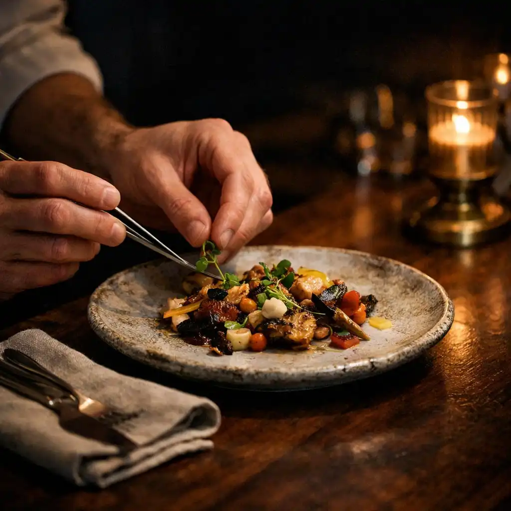 Chef's hands finishing an elegant plate at a warmly lit restaurant pass.